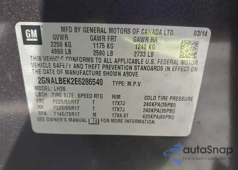 2014 Chevrolet Equinox 1Lt from USA, damaged, VIN 2GNALBEK2E6286540